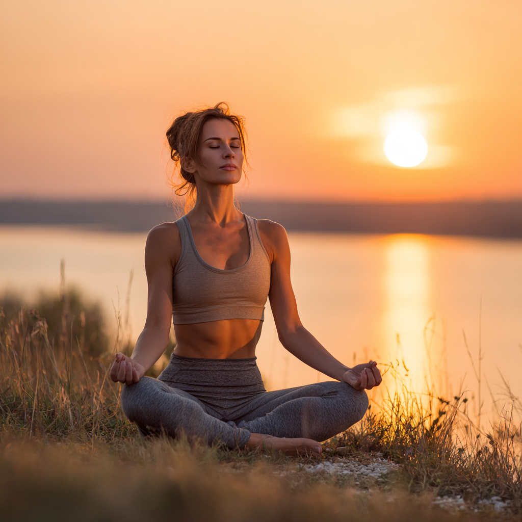 Жінка медитує в позі лотоса на природі