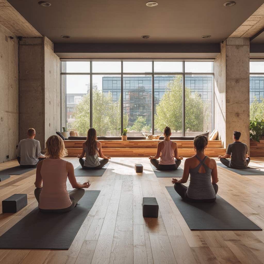 Група людей займається йогою в студії